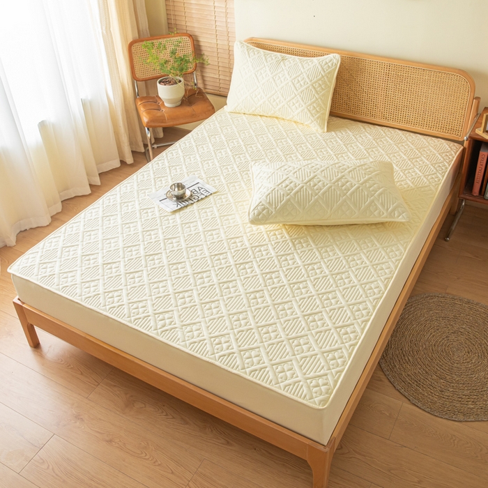 91家纺网 家纺一手货源 找家纺 吉祥家纺 2023新款水洗棉夹棉床笠 四叶草-黄