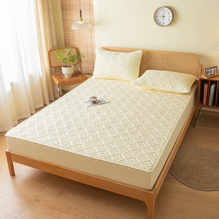 91家纺网 家纺一手货源 找家纺 吉祥家纺 2023新款水洗棉夹棉床笠 四叶草-黄