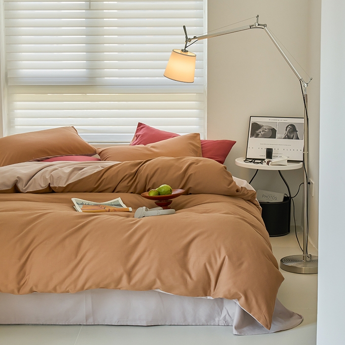 91家纺网 家纺一手货源 找家纺 沐白家居 2023火山小磨毛拼色基础款四件套 桦茶