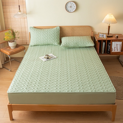 吉祥家纺 2023新款水洗棉夹棉床笠 绿格