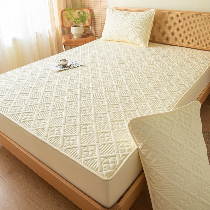 91家纺网 家纺一手货源 找家纺 吉祥家纺 2023新款水洗棉夹棉床笠 四叶草-黄