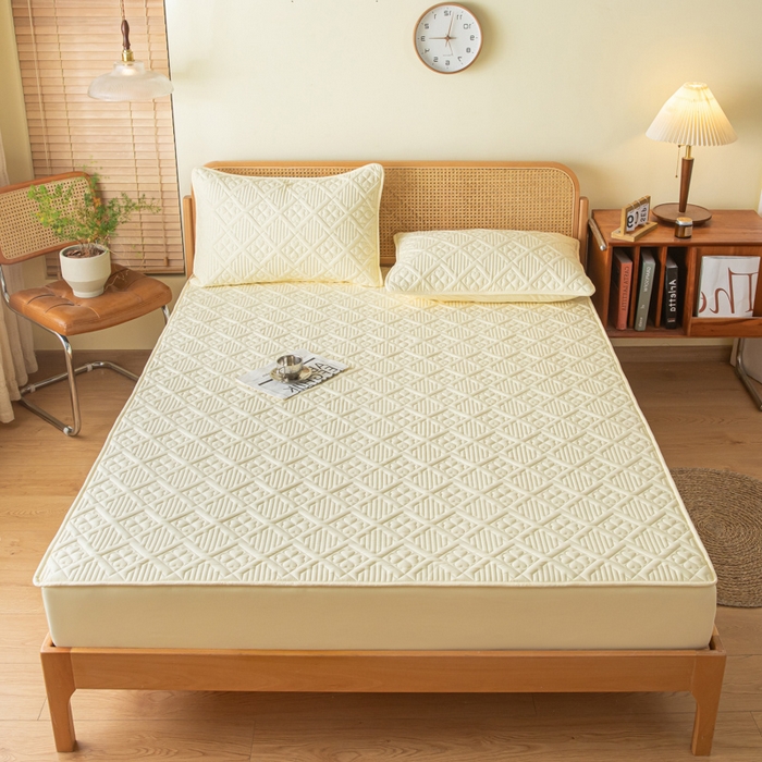 91家纺网 家纺一手货源 找家纺 吉祥家纺 2023新款水洗棉夹棉床笠 四叶草-黄