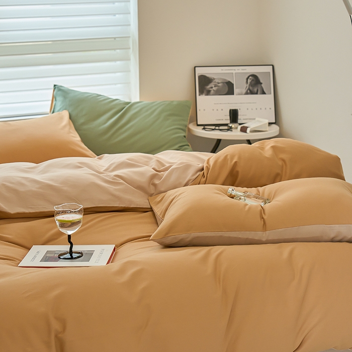 91家纺网 家纺一手货源 找家纺 沐白家居 2023火山小磨毛拼色基础款四件套 耀金