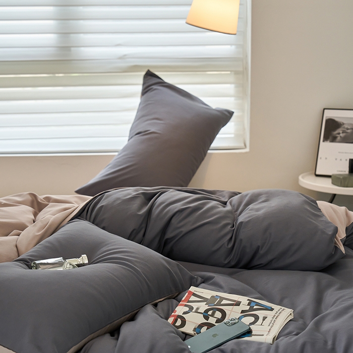 91家纺网 家纺一手货源 找家纺 沐白家居 2023火山小磨毛拼色基础款四件套 钛苏