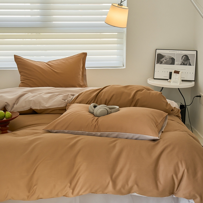 91家纺网 家纺一手货源 找家纺 沐白家居 2023火山小磨毛拼色基础款四件套 桦茶