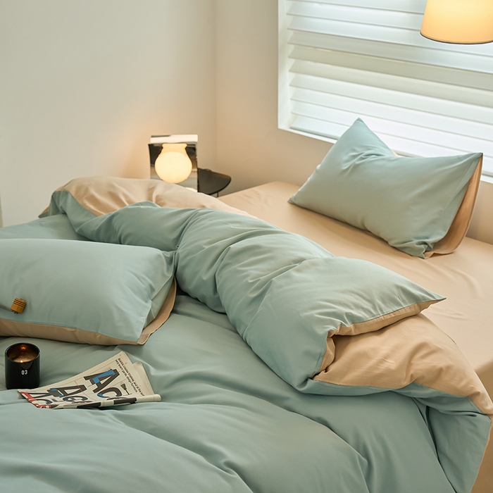 91家纺网 家纺一手货源 找家纺 沐白家居 2023火山小磨毛拼色基础款四件套 蓝黛