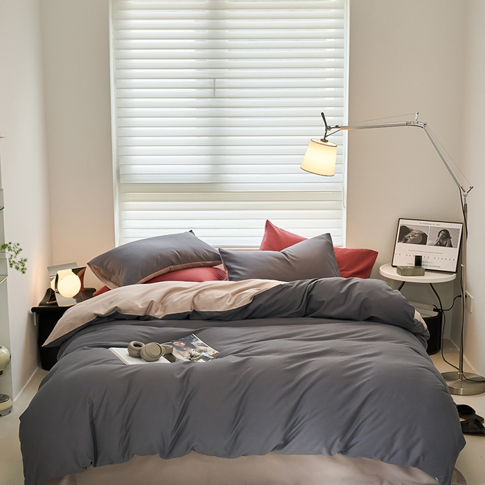 91家纺网 家纺一手货源 找家纺 沐白家居 2023火山小磨毛拼色基础款四件套 钛苏