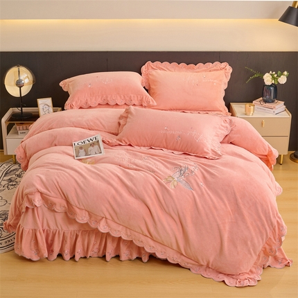 恒爱2023新款加厚双面牛奶绒绣花花边款四件套-铃兰花 浅粉