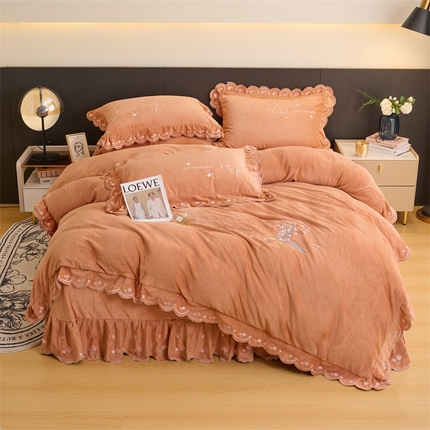 恒爱2023新款加厚双面牛奶绒绣花花边款四件套-铃兰花 焦糖桔