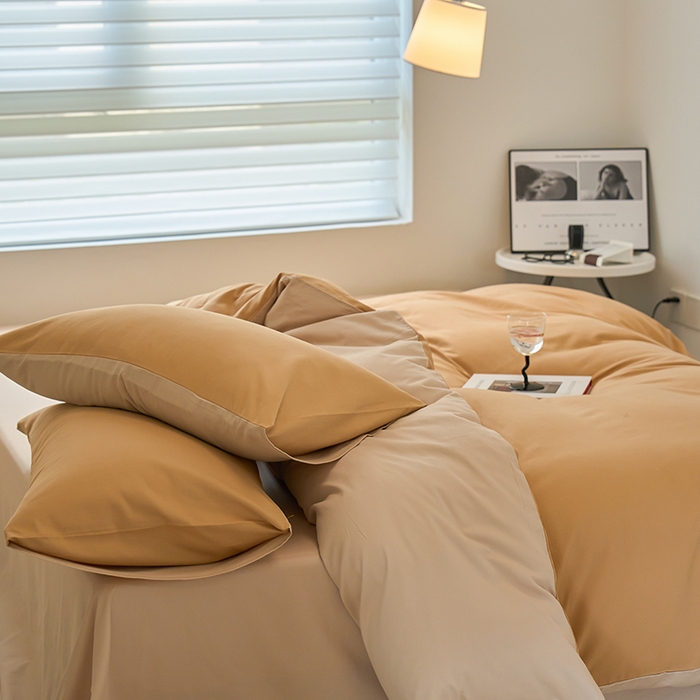 91家纺网 家纺一手货源 找家纺 沐白家居 2023火山小磨毛拼色基础款四件套 耀金