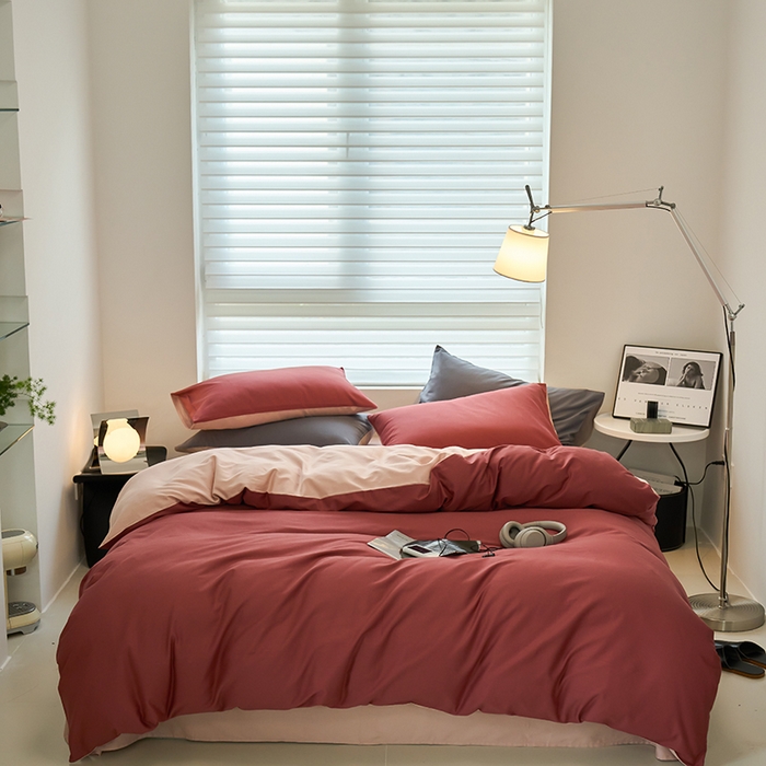 91家纺网 家纺一手货源 找家纺 沐白家居 2023火山小磨毛拼色基础款四件套 维粉