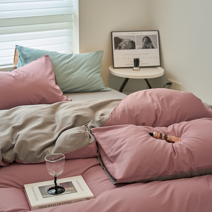 91家纺网 家纺一手货源 找家纺 沐白家居 2023火山小磨毛拼色基础款四件套 紫调