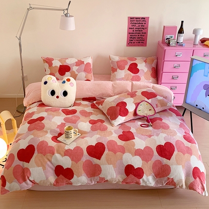桃子家居 2023新款ins少女甜酷多巴胺粉墨加厚牛奶绒系列四件套 绒-爱心满满