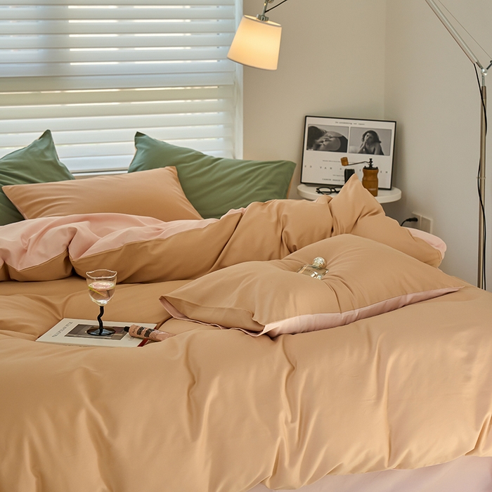 91家纺网 家纺一手货源 找家纺 沐白家居 2023火山小磨毛拼色基础款四件套 奶咖