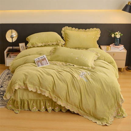 恒爱2023新款加厚双面牛奶绒绣花花边款四件套-铃兰花 芥末黄