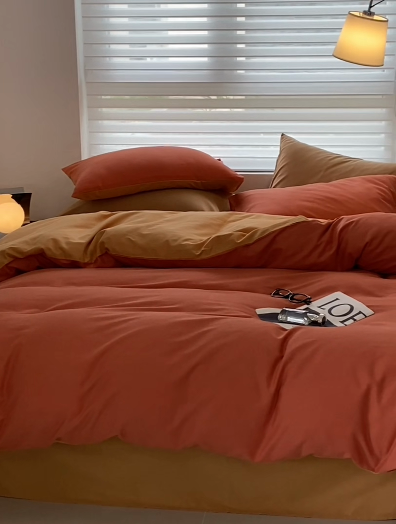 91家纺网 家纺一手货源 找家纺 沐白家居 2023火山小磨毛拼色基础款四件套 暖阳