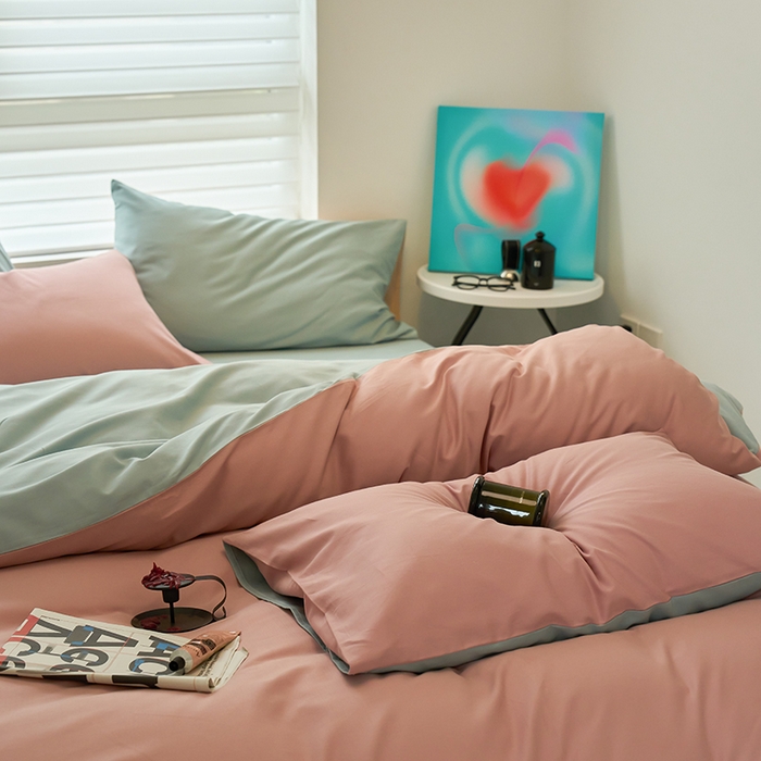 91家纺网 家纺一手货源 找家纺 沐白家居 2023火山小磨毛拼色基础款四件套 紫黛