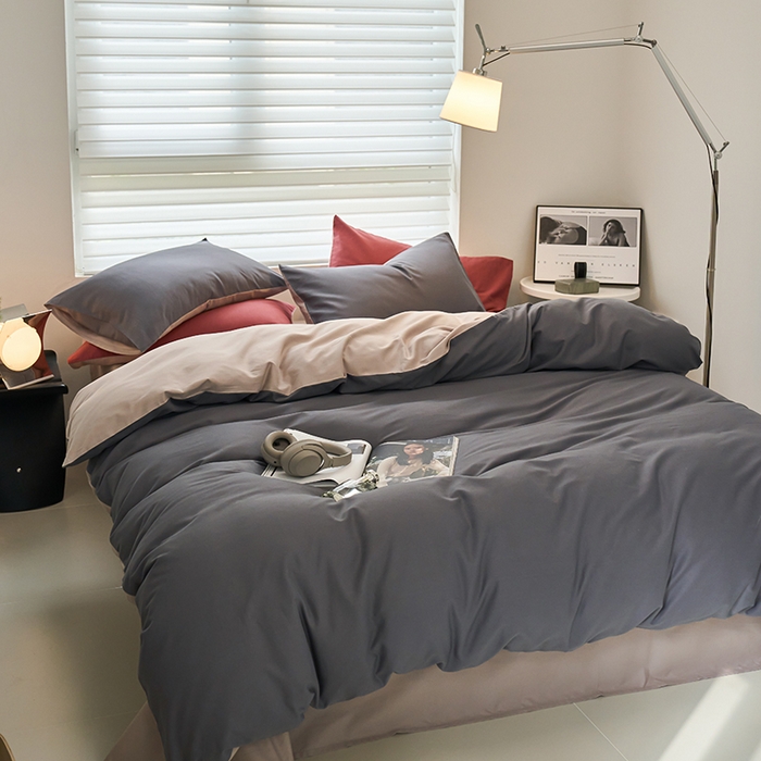 91家纺网 家纺一手货源 找家纺 沐白家居 2023火山小磨毛拼色基础款四件套 钛苏