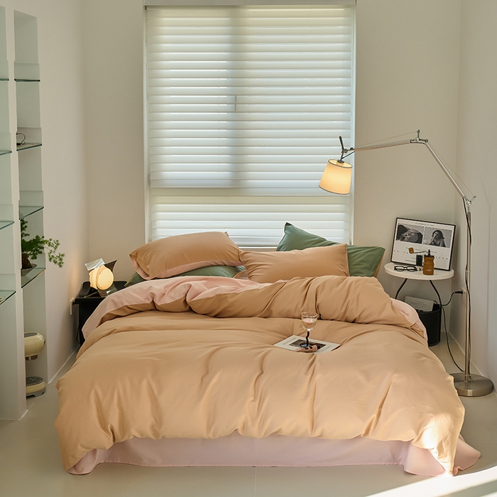 91家纺网 家纺一手货源 找家纺 沐白家居 2023火山小磨毛拼色基础款四件套 奶咖