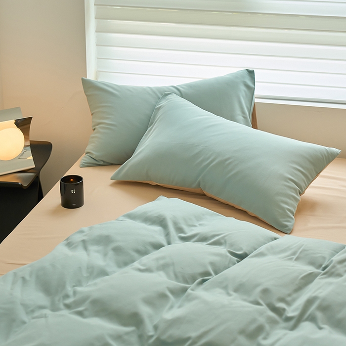 91家纺网 家纺一手货源 找家纺 沐白家居 2023火山小磨毛拼色基础款四件套 蓝黛