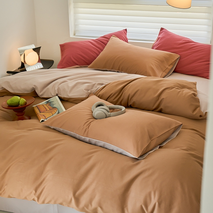 91家纺网 家纺一手货源 找家纺 沐白家居 2023火山小磨毛拼色基础款四件套 桦茶