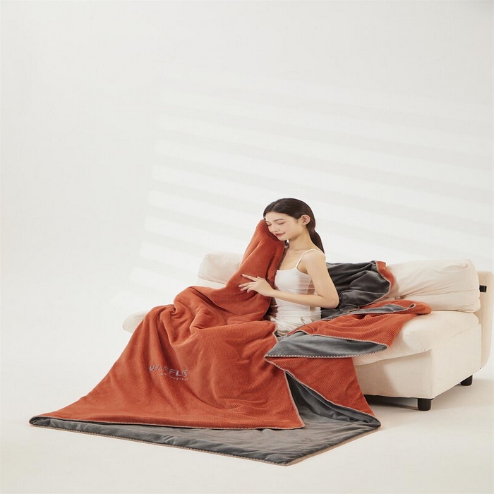 91家纺网 家纺一手货源 找家纺 吾诺 2023秋冬华夫格牛奶绒毯子 毛毯床单床笠单品系列-多功能绒毯 焦糖咖-深灰