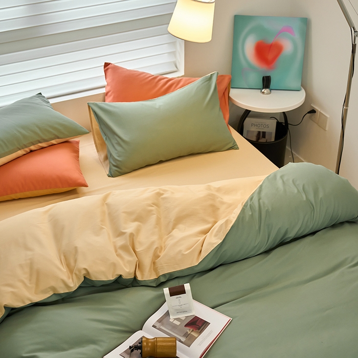 91家纺网 家纺一手货源 找家纺 沐白家居 2023火山小磨毛拼色基础款四件套 松风