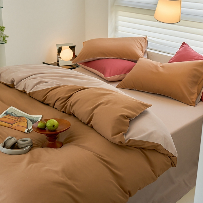 91家纺网 家纺一手货源 找家纺 沐白家居 2023火山小磨毛拼色基础款四件套 桦茶