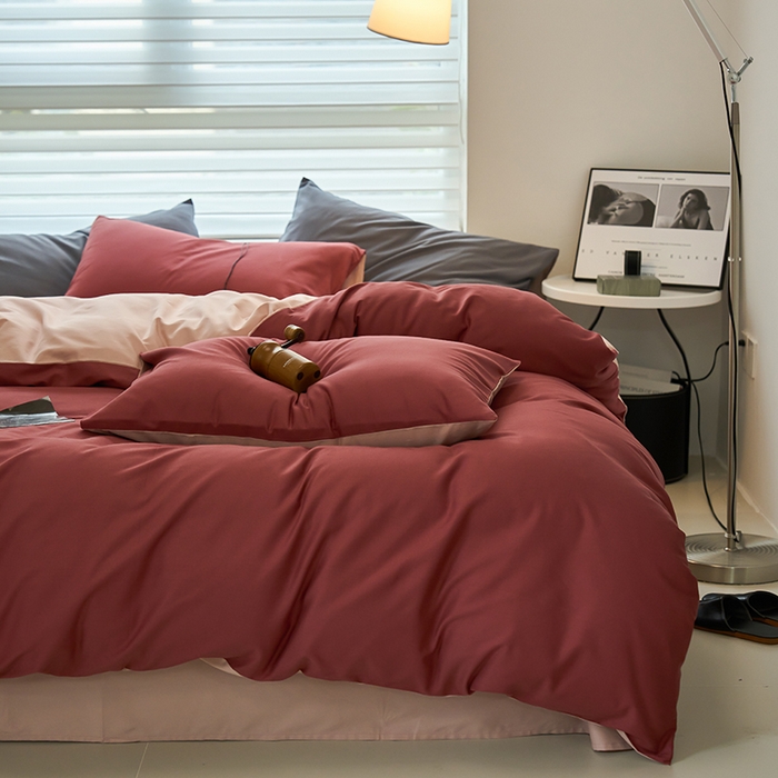 91家纺网 家纺一手货源 找家纺 沐白家居 2023火山小磨毛拼色基础款四件套 维粉