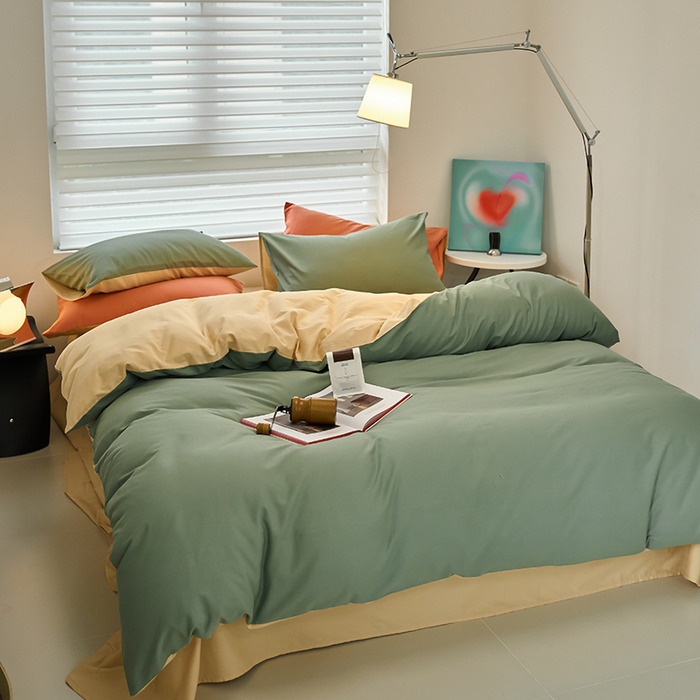 91家纺网 家纺一手货源 找家纺 沐白家居 2023火山小磨毛拼色基础款四件套 松风