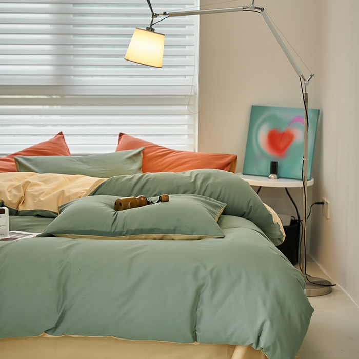 91家纺网 家纺一手货源 找家纺 沐白家居 2023火山小磨毛拼色基础款四件套 松风