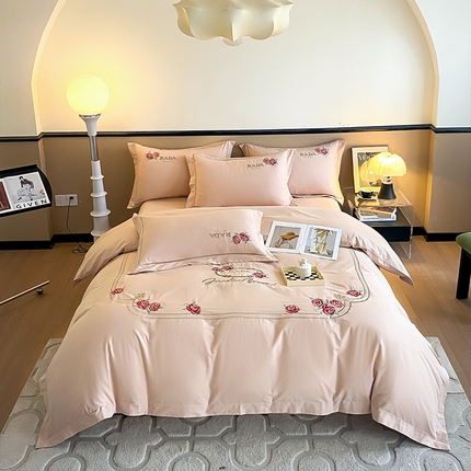 91家纺网 家纺一手货源 找家纺 理想家家纺 2023新款全棉磨毛刺绣四件套 玫瑰庄园 玉