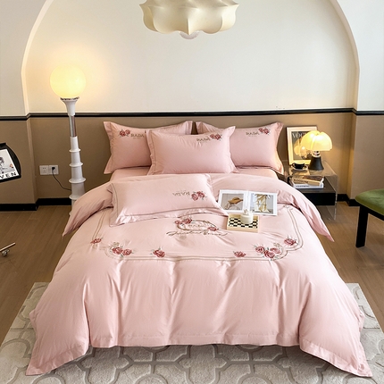 91家纺网 家纺一手货源 找家纺 理想家家纺 2023新款全棉磨毛刺绣四件套 玫瑰庄园 粉