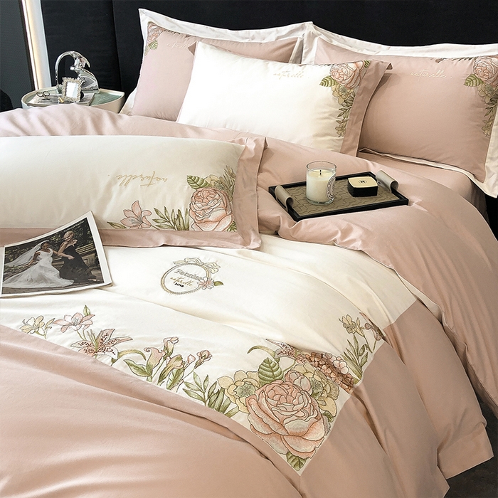 91家纺网 家纺一手货源 找家纺 理想家家纺 2023新款全棉磨毛刺绣四件套 伊甸花园 玉