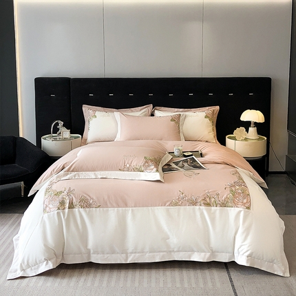91家纺网 家纺一手货源 找家纺 理想家家纺 2023新款全棉磨毛刺绣四件套 伊甸花园 粉