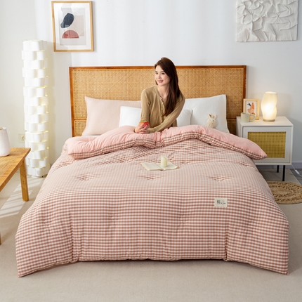 鸣升家纺 新款无印风全棉色织水洗棉100%棉花被冬被被子被芯 粉小格