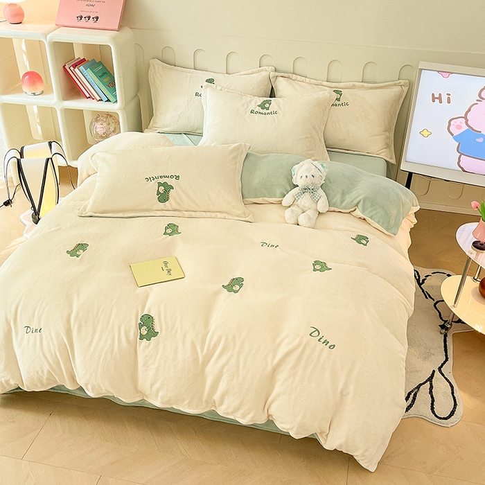 91家纺网 家纺一手货源 找家纺 红馆 2023新款ins小清新-牛奶绒四件套 恐龙乐园