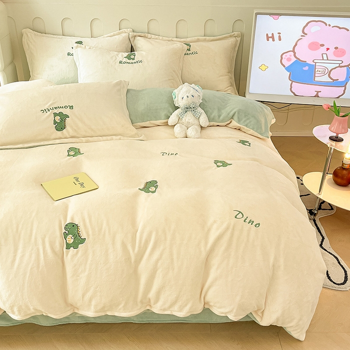 91家纺网 家纺一手货源 找家纺 红馆 2023新款ins小清新-牛奶绒四件套 恐龙乐园