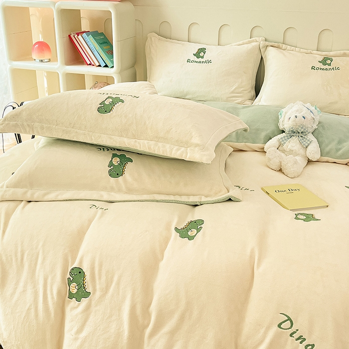 91家纺网 家纺一手货源 找家纺 红馆 2023新款ins小清新-牛奶绒四件套 恐龙乐园