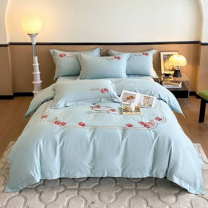 91家纺网 家纺一手货源 找家纺 理想家家纺 2023新款全棉磨毛刺绣四件套 玫瑰庄园 蓝