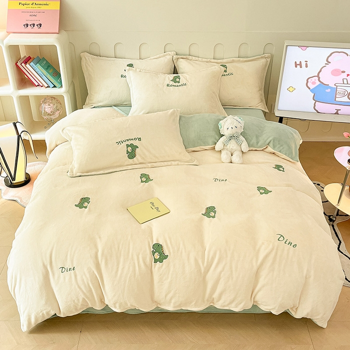 91家纺网 家纺一手货源 找家纺 红馆 2023新款ins小清新-牛奶绒四件套 恐龙乐园