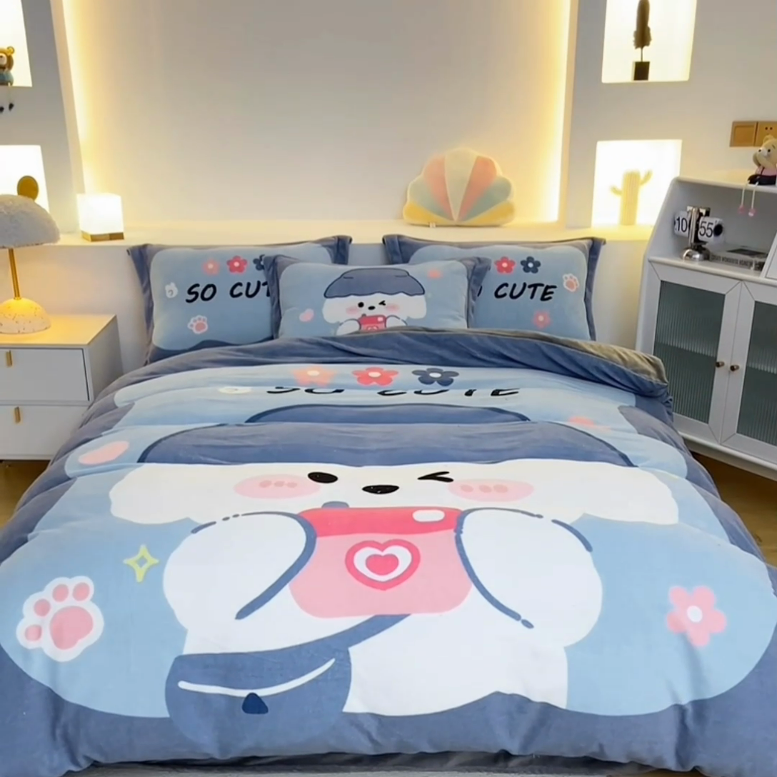 91家纺网 家纺一手货源 找家纺 宅部落 2023新款大版卡通牛奶绒四件套法莱绒 3.小萌狗