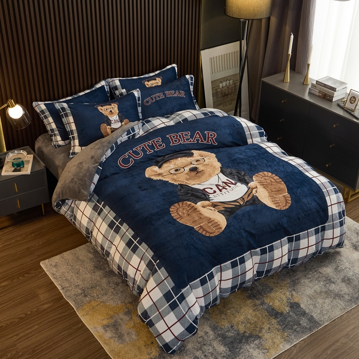 91家纺网 家纺一手货源 找家纺 宅部落 2023新款大版卡通牛奶绒四件套法莱绒 6.英伦熊