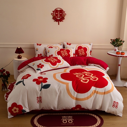 91家纺网 家纺一手货源 找家纺 摩卡 2024新款婚庆水洗磨毛数码印花四件套 花田喜事