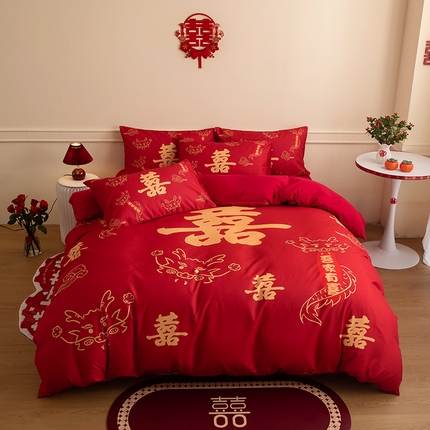 91家纺网 家纺一手货源 找家纺 摩卡 2024新款婚庆水洗磨毛数码印花四件套 喜结良缘