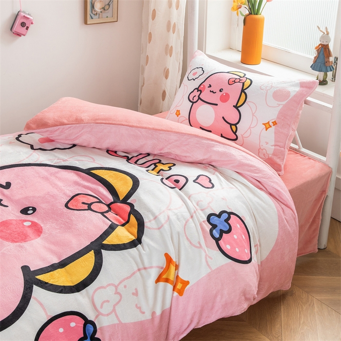 91家纺网 家纺一手货源 找家纺 宅部落 2023新款大版卡通牛奶绒三件套 1.粉嘟嘟