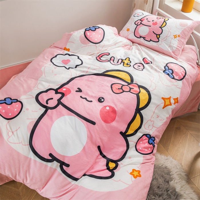 91家纺网 家纺一手货源 找家纺 宅部落 2023新款大版卡通牛奶绒三件套 1.粉嘟嘟