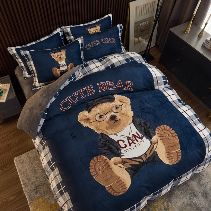 91家纺网 家纺一手货源 找家纺 宅部落 2023新款大版卡通牛奶绒四件套法莱绒 6.英伦熊