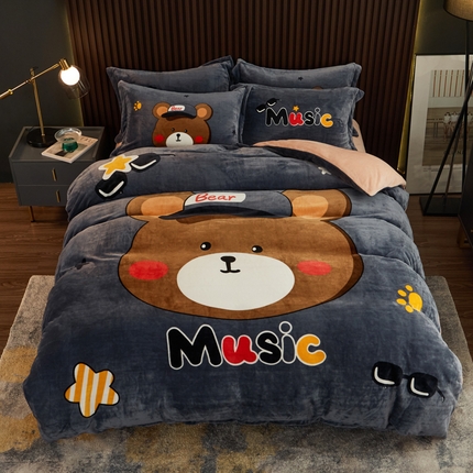 宅部落 2023新款大版卡通牛奶绒四件套法莱绒 8.音乐熊