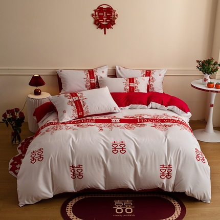 91家纺网 家纺一手货源 找家纺 摩卡 2024新款婚庆水洗磨毛数码印花四件套 花嫁喜事